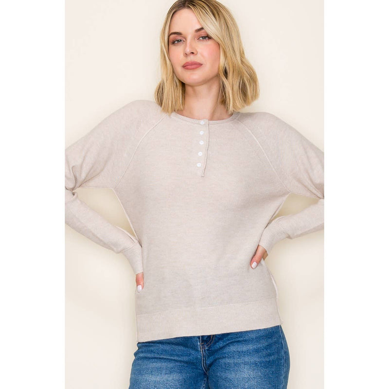 HENLEY BUTTON NECK PULLOVER SWEATER