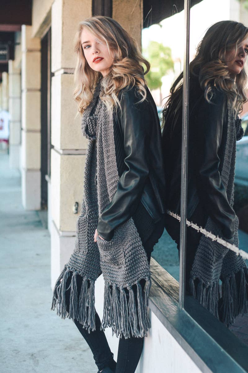 Oversized Two Pocket Tassel Scarf- Gray