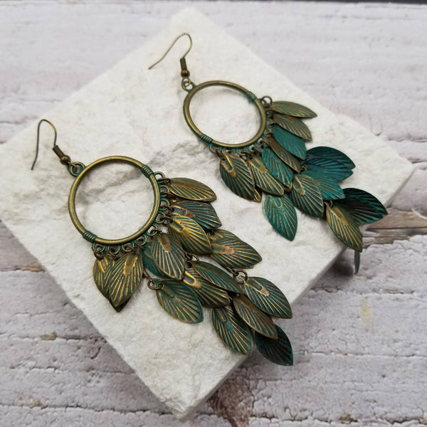 Vintage Bronze Leaf Tassel Earrings