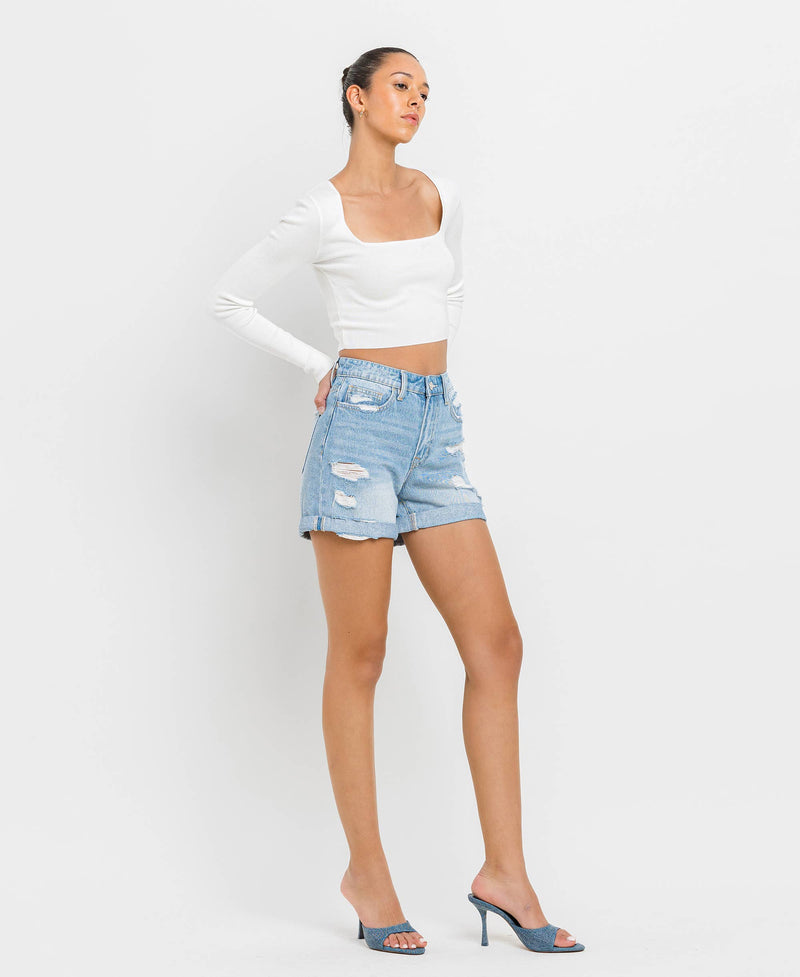 Mid Rise Double Cuff Boyfriend Shorts