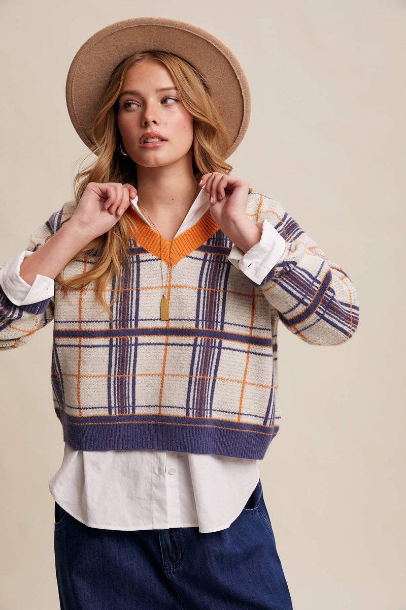 Plaid V-Neck Knit Sweater