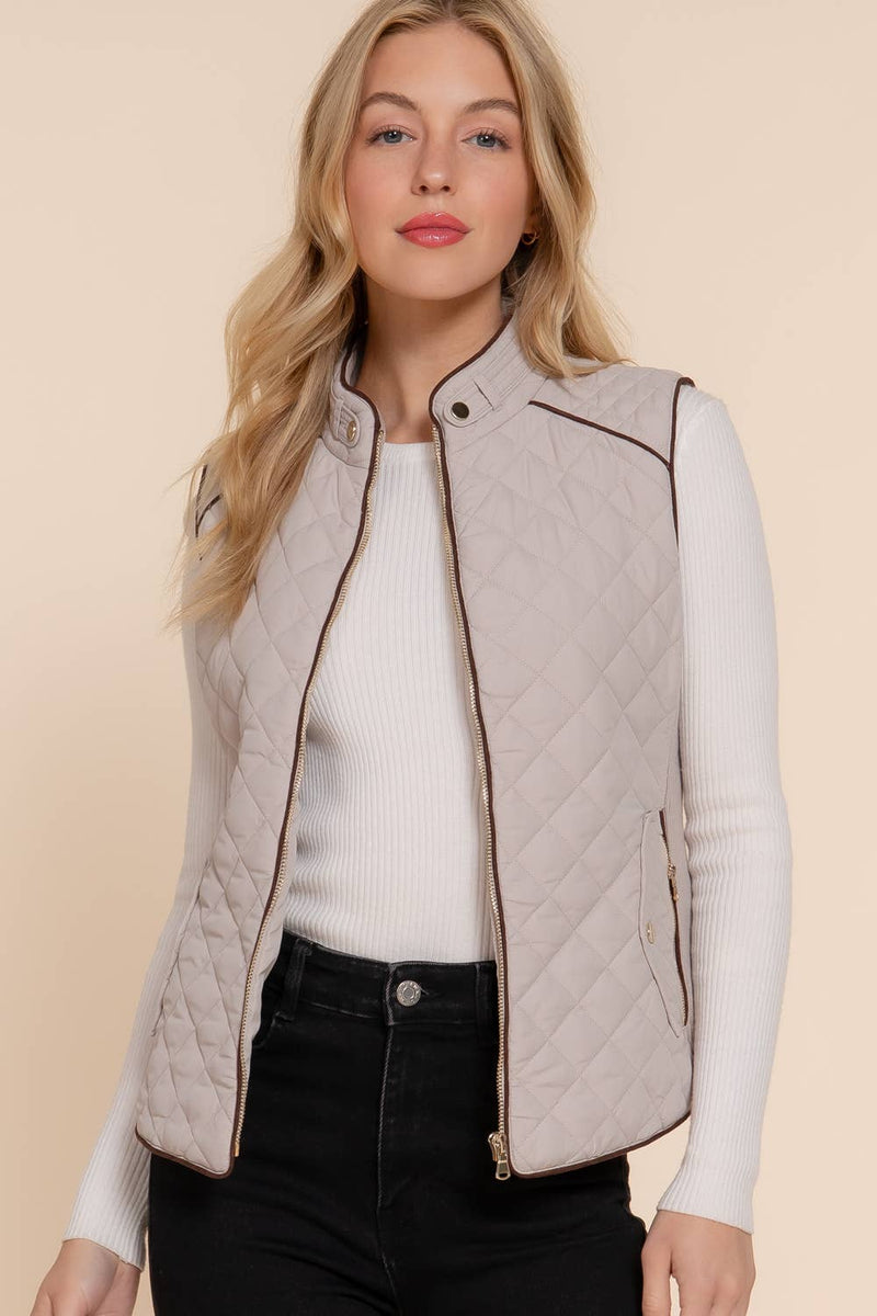 Suede Piping Detail Rib Quilted Padding Vest