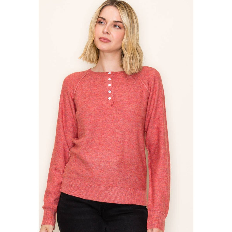 HENLEY BUTTON NECK PULLOVER SWEATER