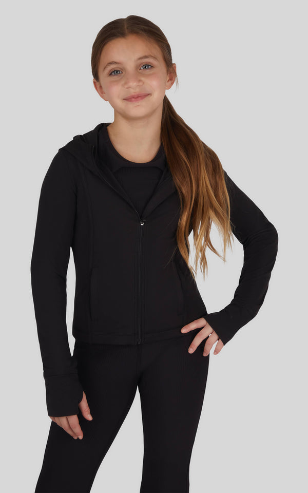 Girls Full Zip Active Jacket with Hood: Black