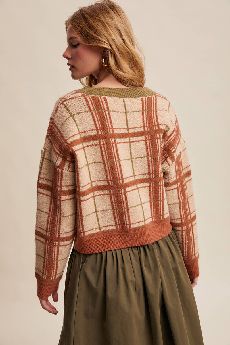 Plaid V-Neck Knit Sweater