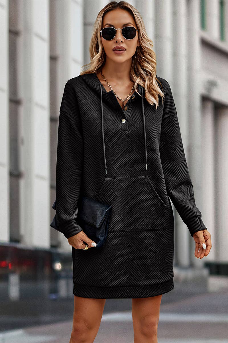Textured Long Sleeve Henley Hoodie Dress