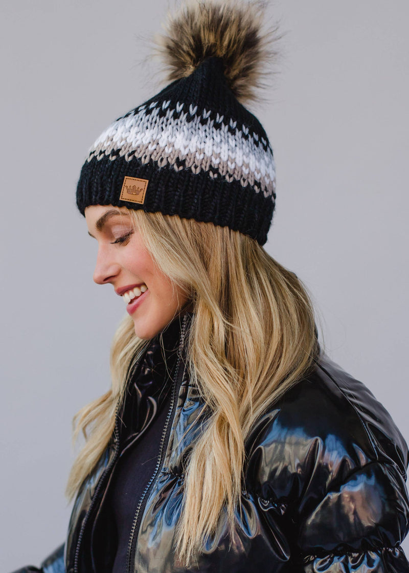 Black, Gray, White & Tan Patterned Pom Hat