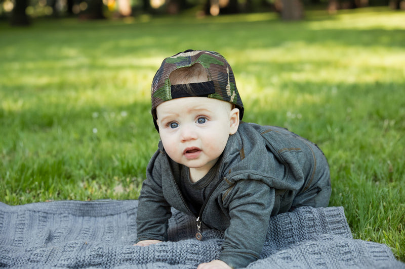 Flat Brim Trucker Hat - Black W/ Camo Mesh