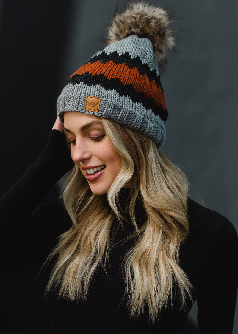 Gray, Charcoal & Rust Patterned Pom Hat