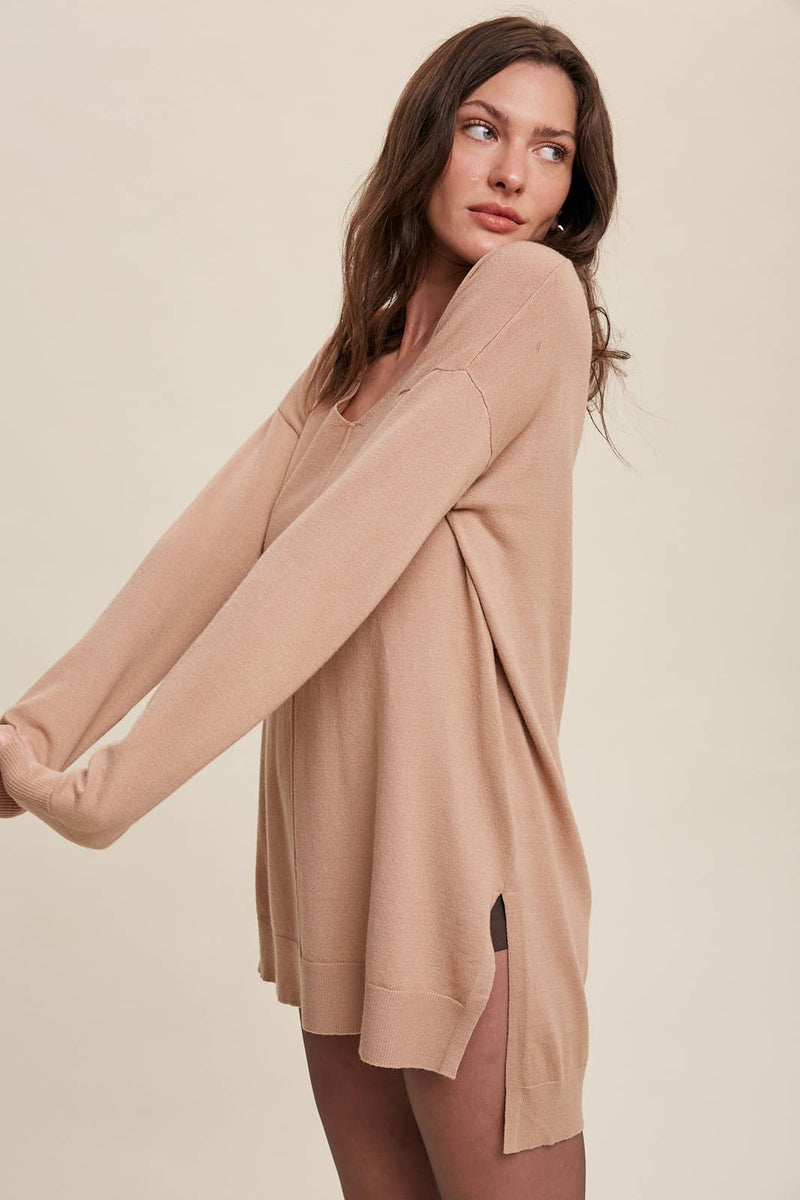 Slit Hem V-Neck Knit Tunic Sweater