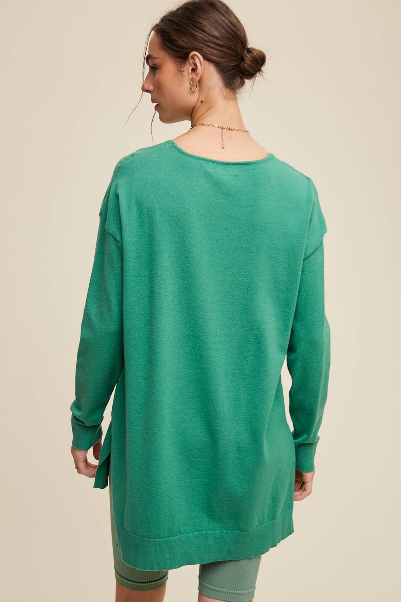 Slit Hem V-Neck Knit Tunic Sweater