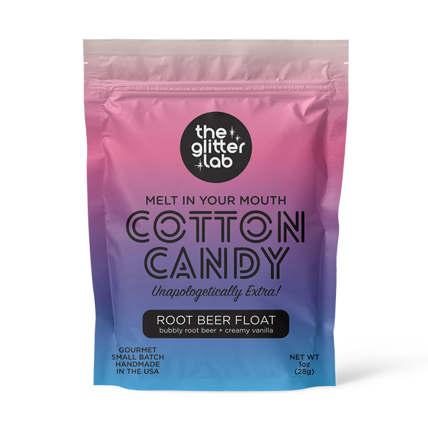 Cotton candy package with gradient pink to blue design and 'The Glitter Lab' branding.