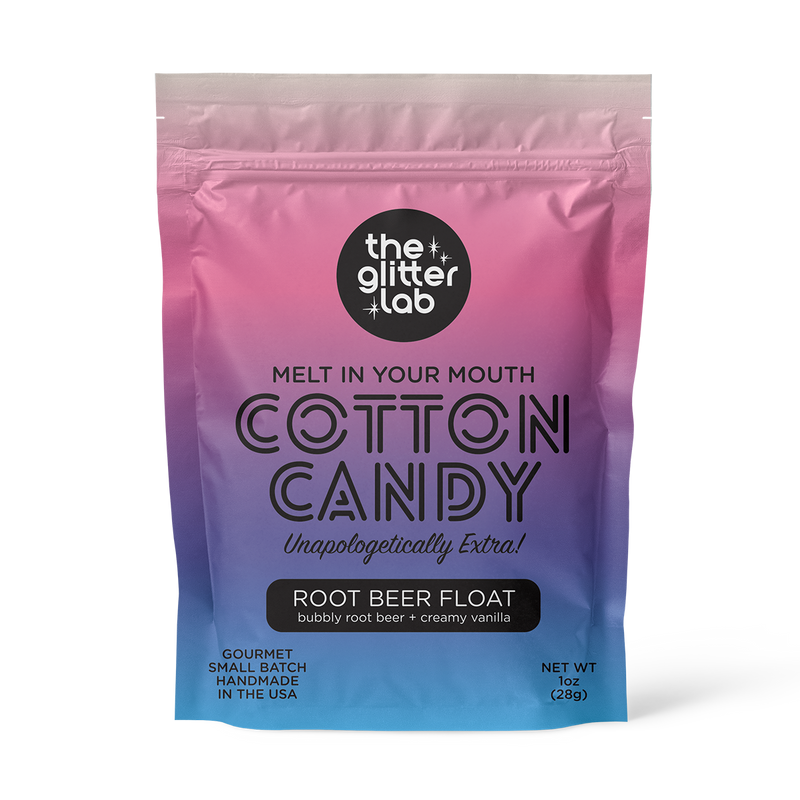 Cotton candy package with gradient pink to blue design and 'The Glitter Lab' branding.