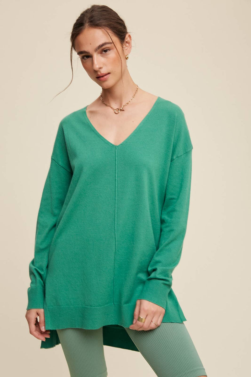 Slit Hem V-Neck Knit Tunic Sweater