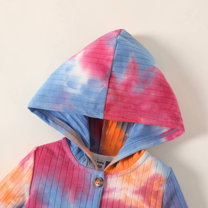 Tie Dye Ribbed Hooded Button Jumpsuit- Pink/Orange