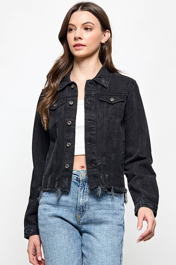 Ladies'  Cropcut Denim Jacket with Distressed