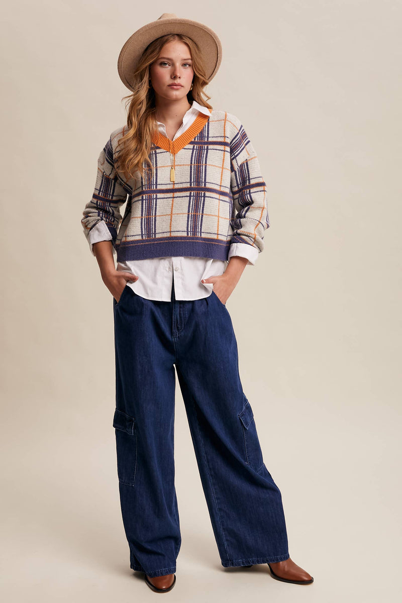Plaid V-Neck Knit Sweater