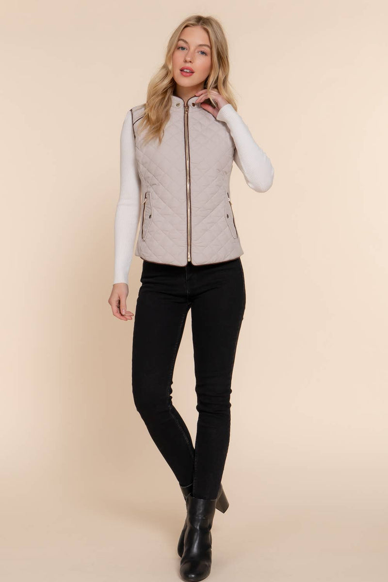 Suede Piping Detail Rib Quilted Padding Vest