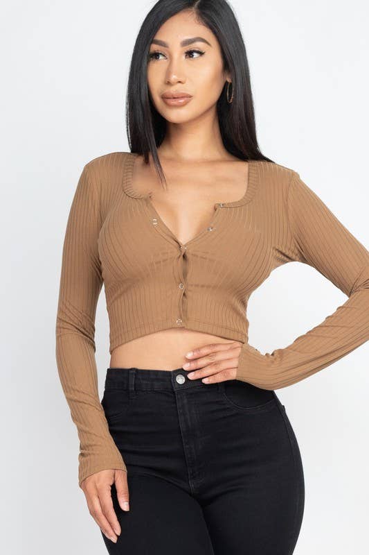 Button Up Ribbed Crop Top: BLACK