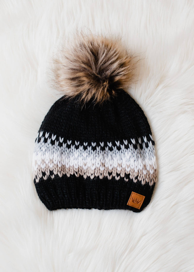 Black, Gray, White & Tan Patterned Pom Hat