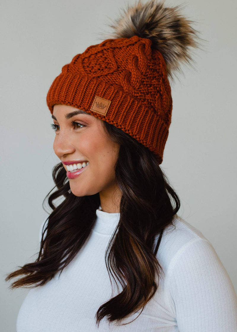 Rust Cable Knit Pom Hat