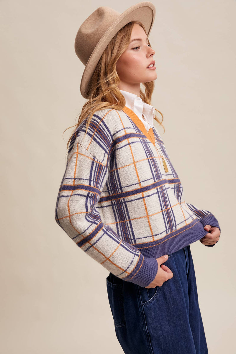 Plaid V-Neck Knit Sweater