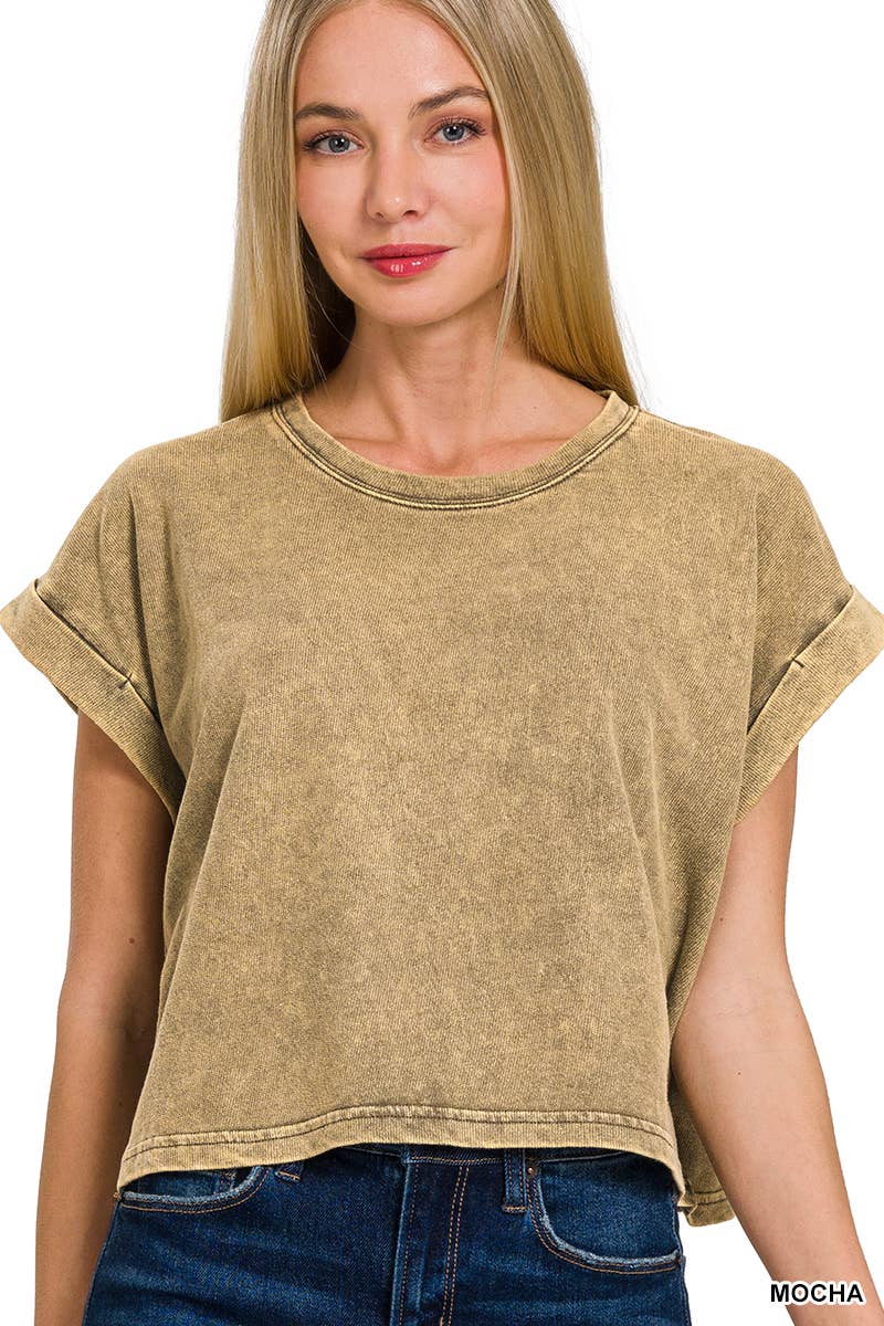 Acid Wash Cotton Folded Sleeve Top: MOCHA