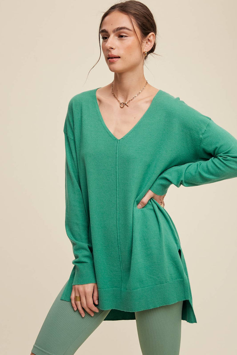 Slit Hem V-Neck Knit Tunic Sweater