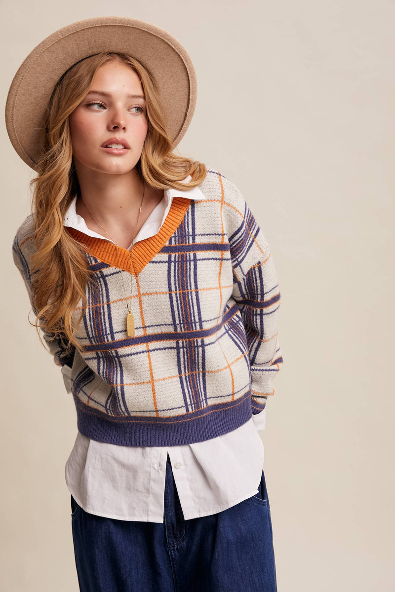 Plaid V-Neck Knit Sweater