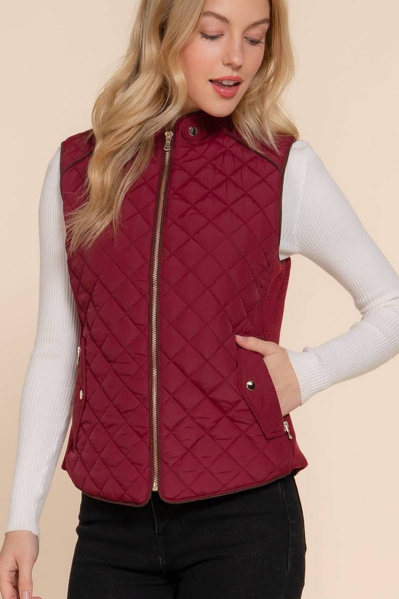 Suede Piping Detail Rib Quilted Padding Vest