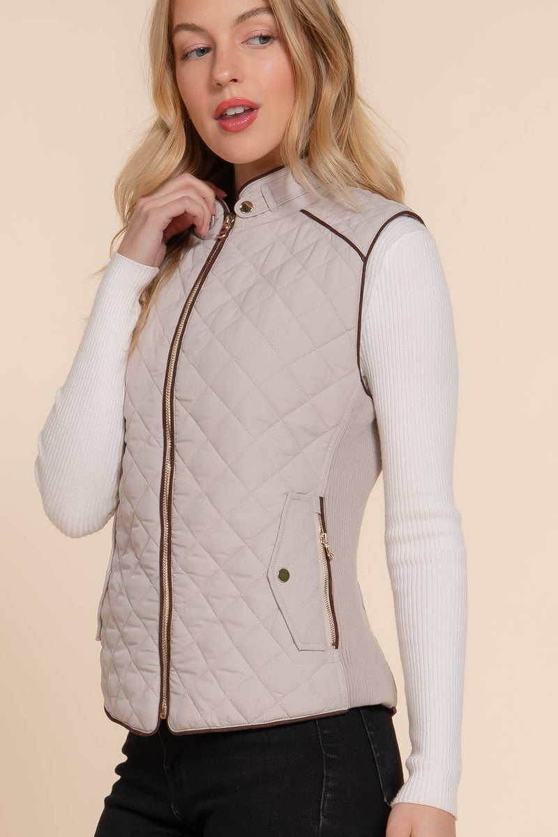 Suede Piping Detail Rib Quilted Padding Vest