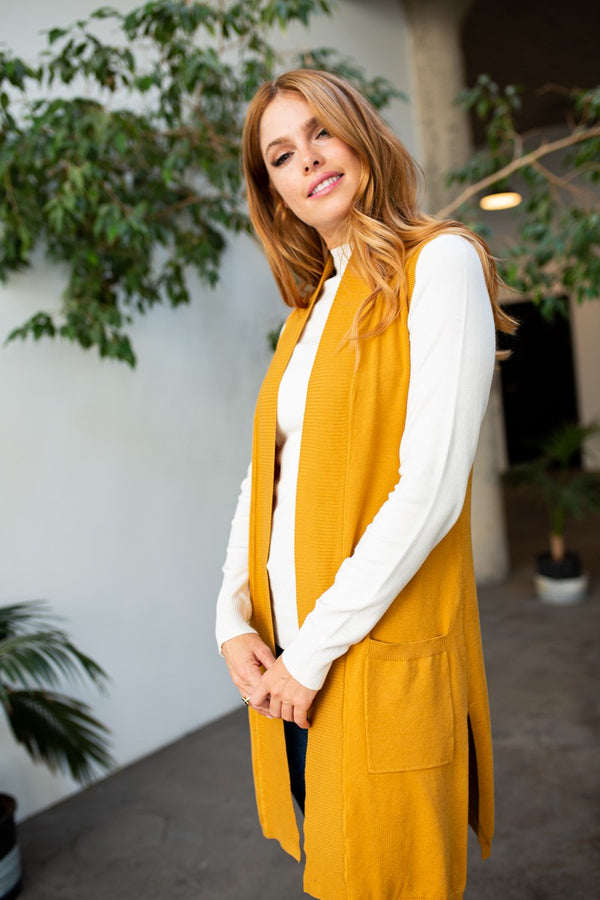 Riley Long Open Vest Cardigan- Mustard