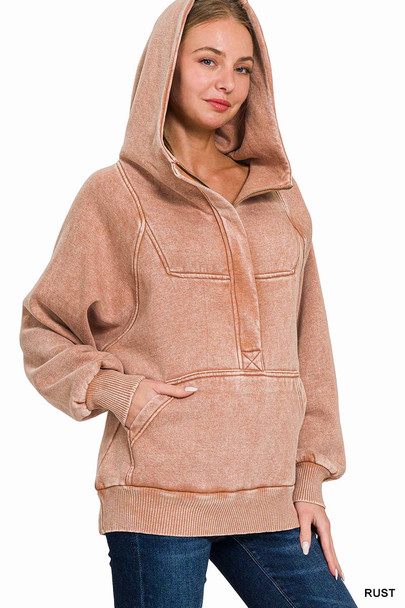 Acid Wash Fleece Oversized 1/4 Zip Kangaroo Hoodie: Multiple colors