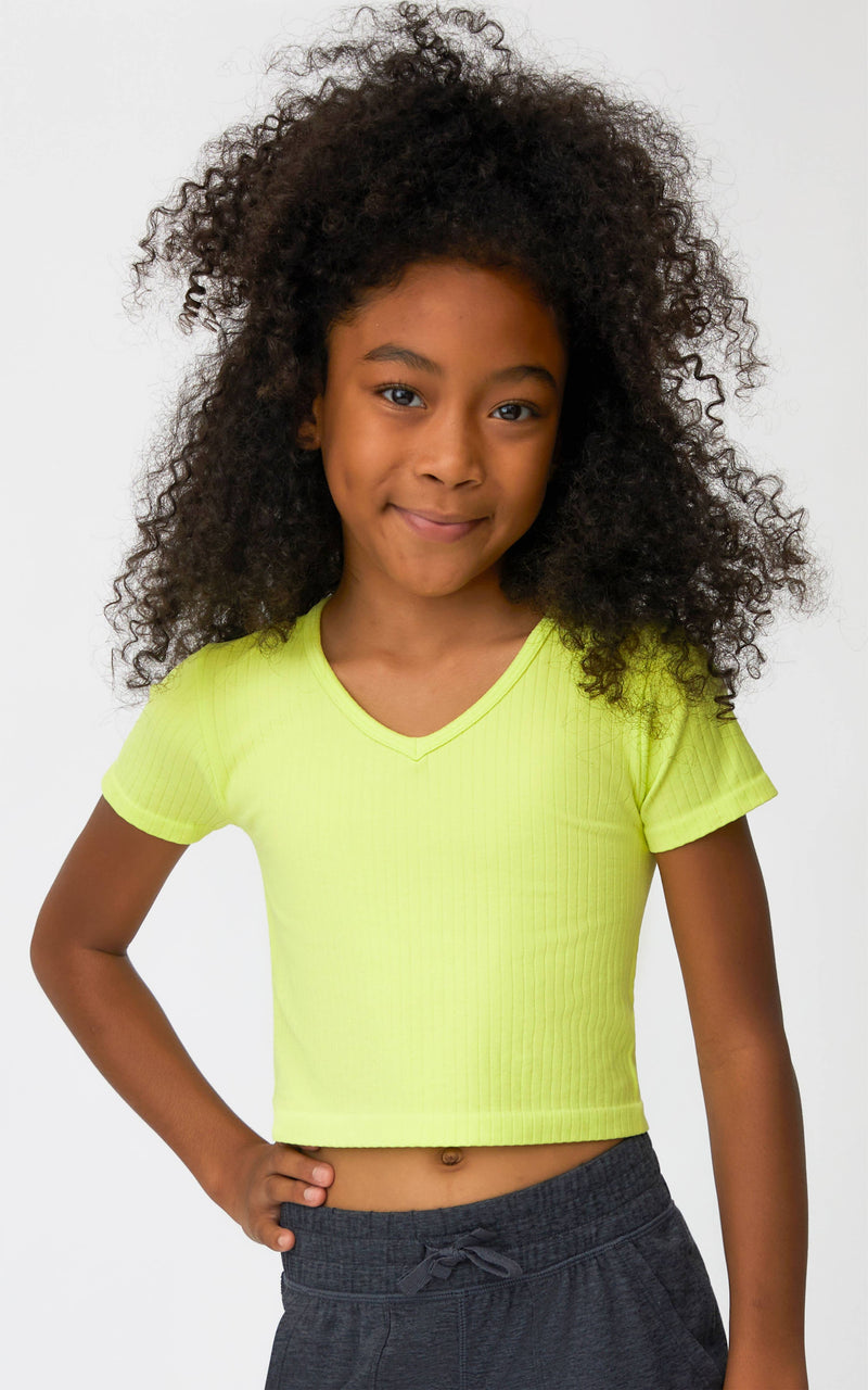 Girls Rib Seamless V-Neck Cropped T- Multiple Colors