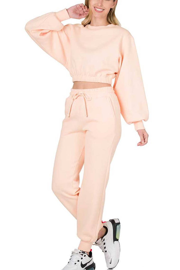 Rita Cropped Pullover And Jogger Pants Set: Neon Coral