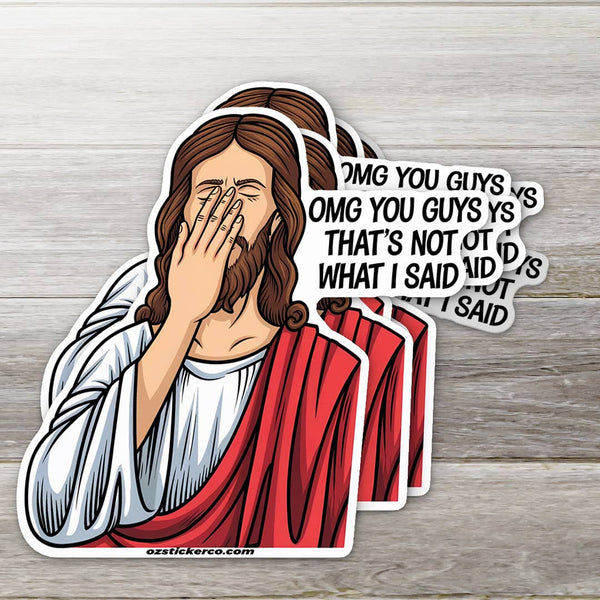 Sticker of a character with long hair and red robe covering face, text overlay on wooden background