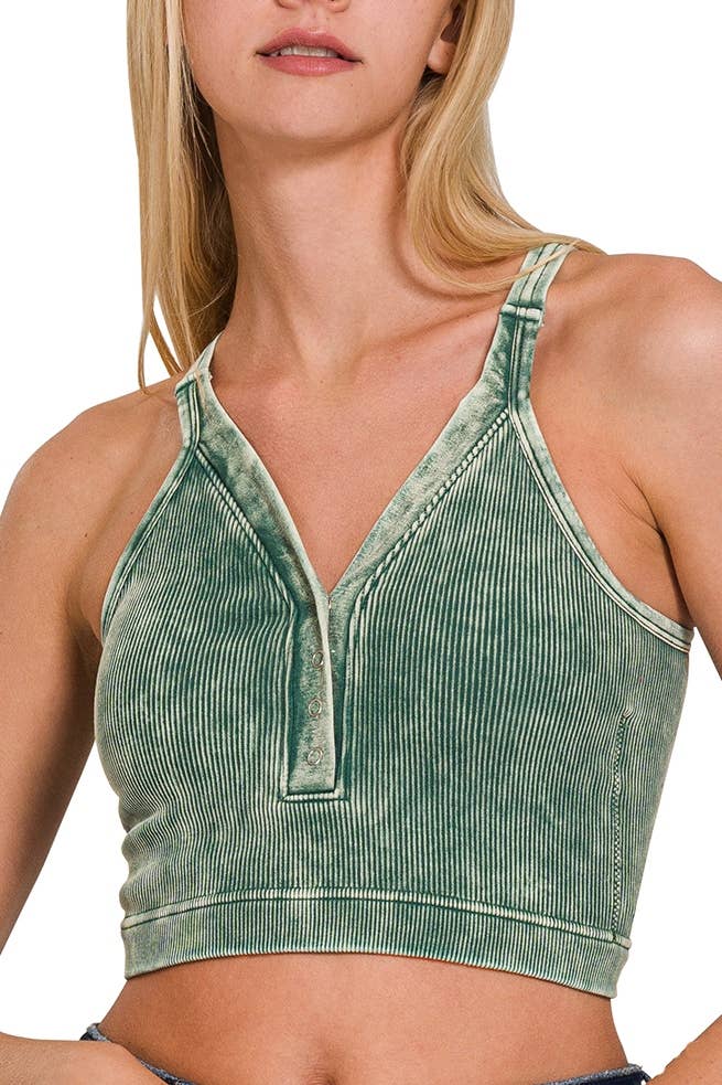 Washed Ribbed Cropped Button V-neck Tank Top- Multiple Colors