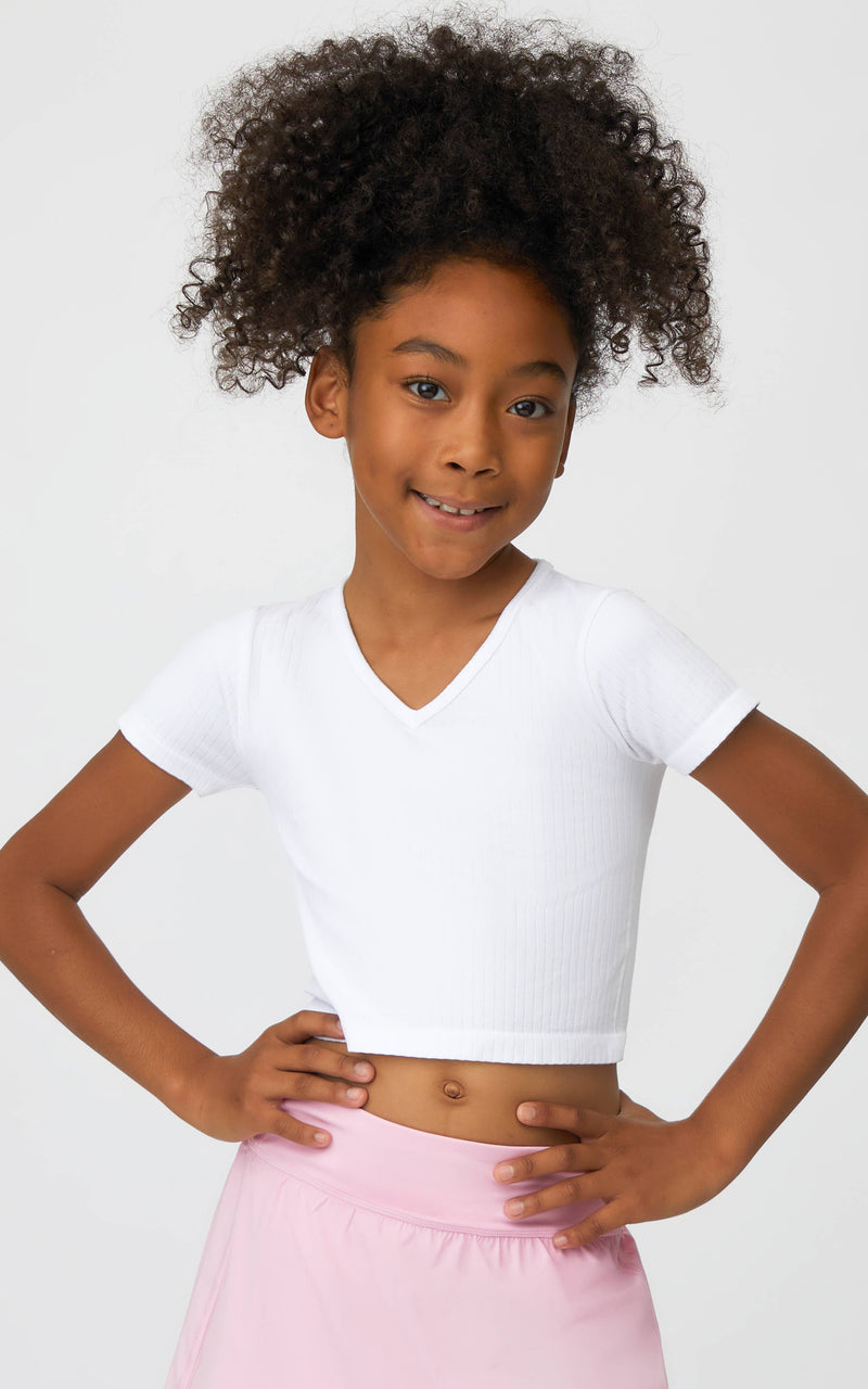 Girls Rib Seamless V-Neck Cropped T- Multiple Colors