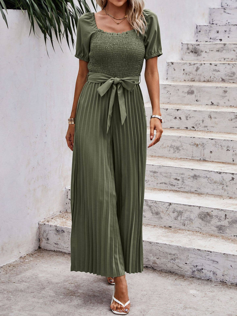 Smocked Pleated Belted Jumpsuit