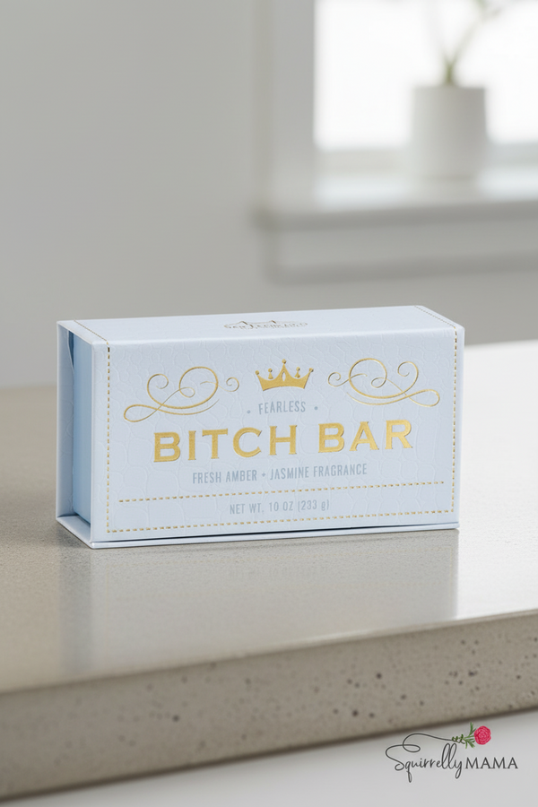 Jumbo soap bar packaging called bitch bar on a white background