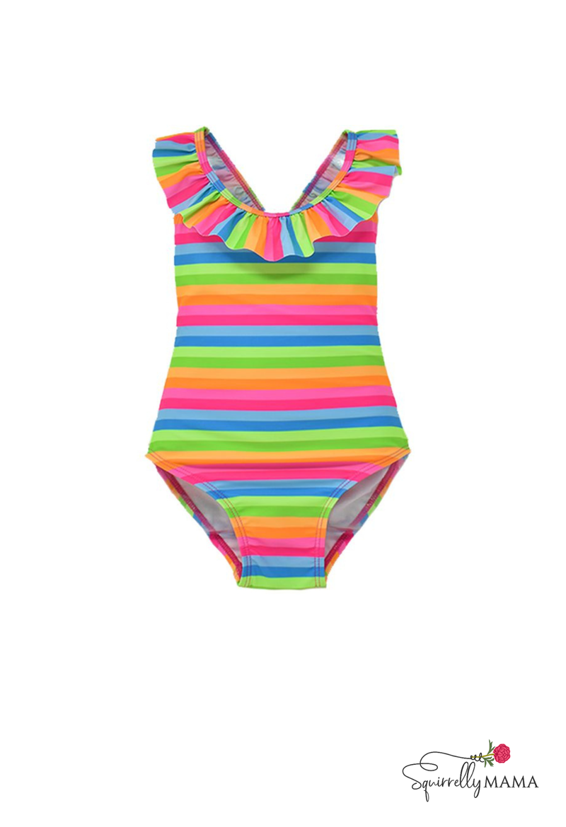 BRIGHT COLORED STRIPES ON A TODDLER SWIMSUIT WITH RUFFLES