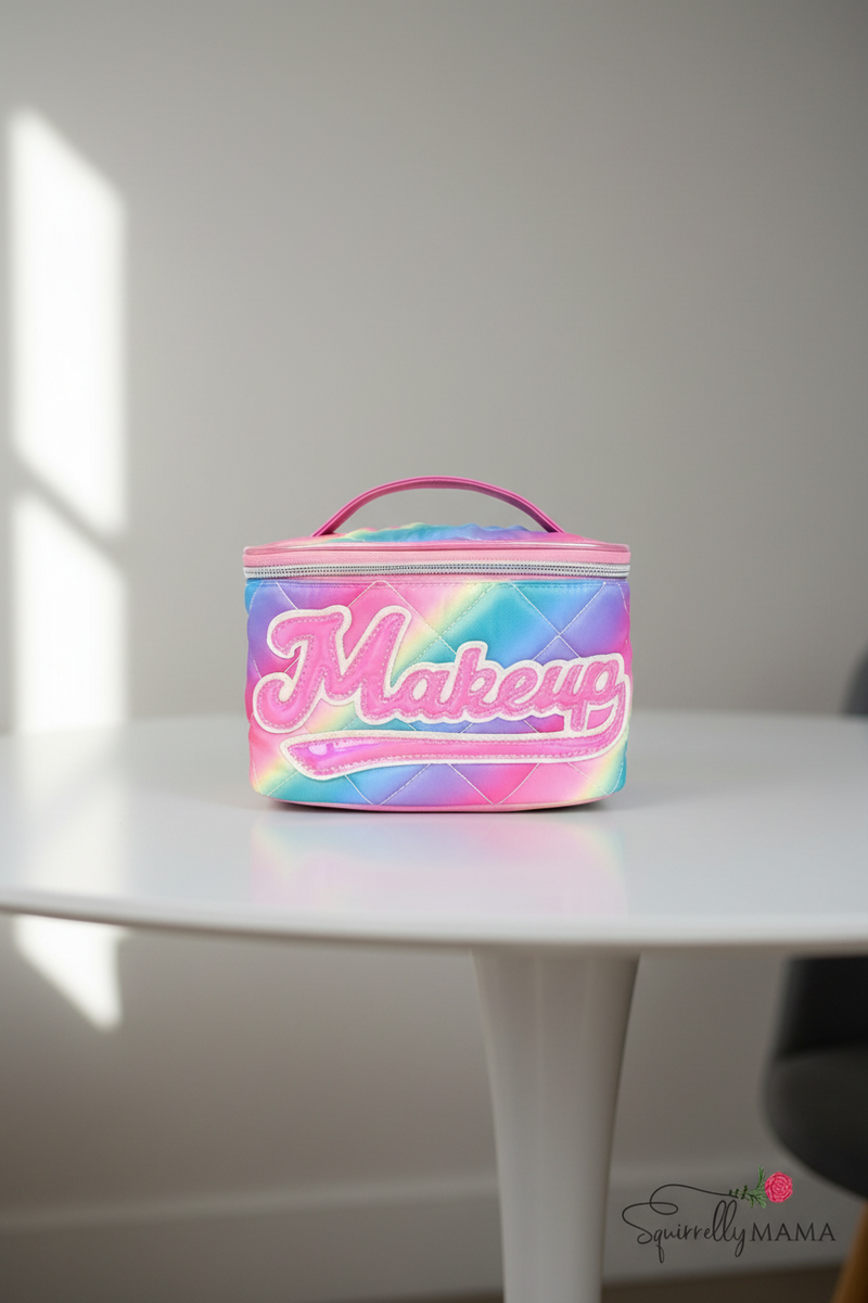 Colorful girls makeup bag with 'Makeup' text on a white background