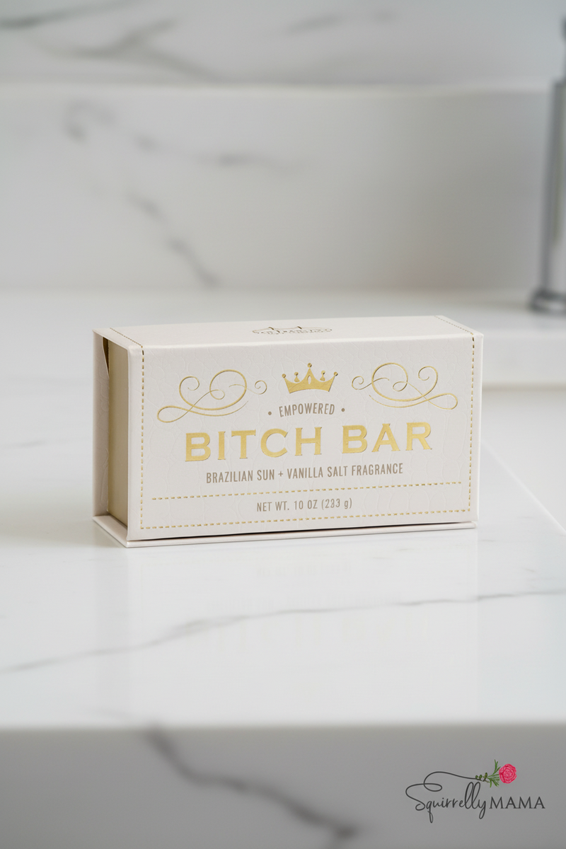 Large soap bar packaging with 'Bitch Bar' text on a white background