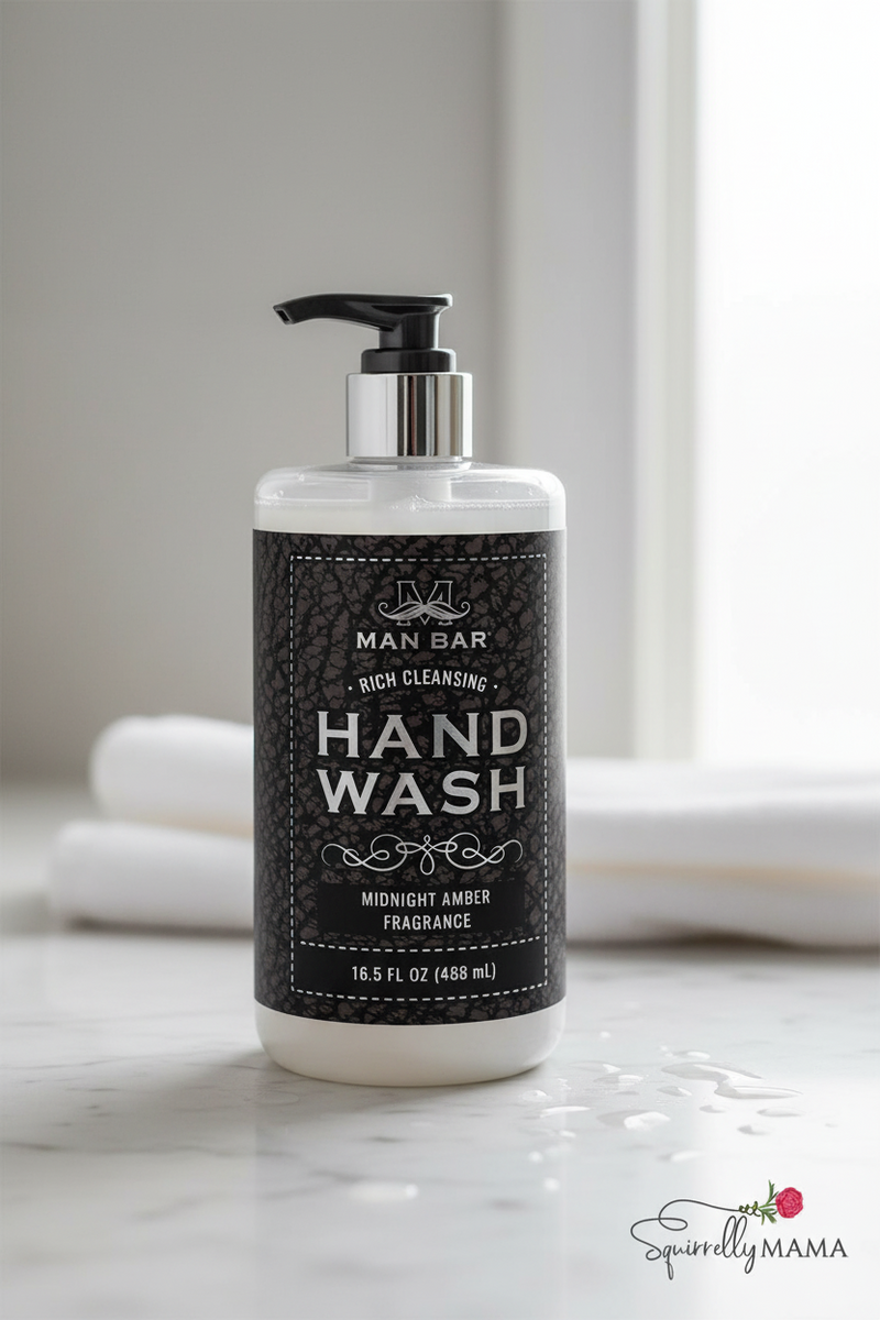 Mens Man Bar hand wash bottle with black label on a white background