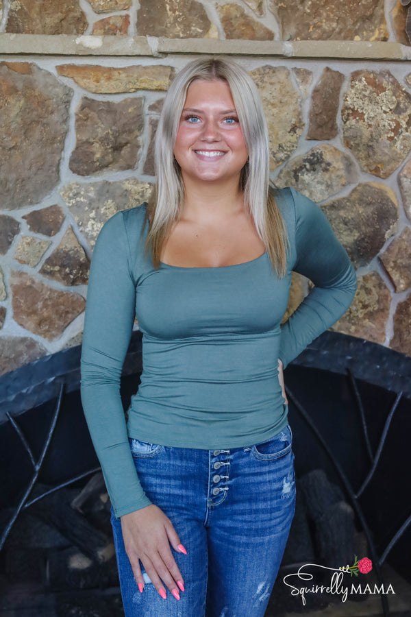 Brit Butter Long Sleeve U Neck Top- Sage