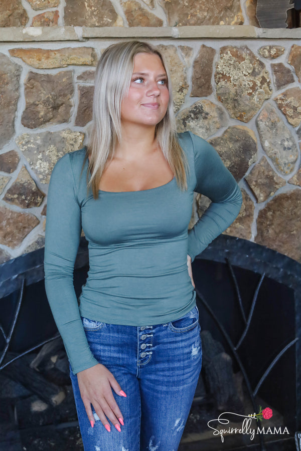 Brit Butter Long Sleeve U Neck Top- Sage