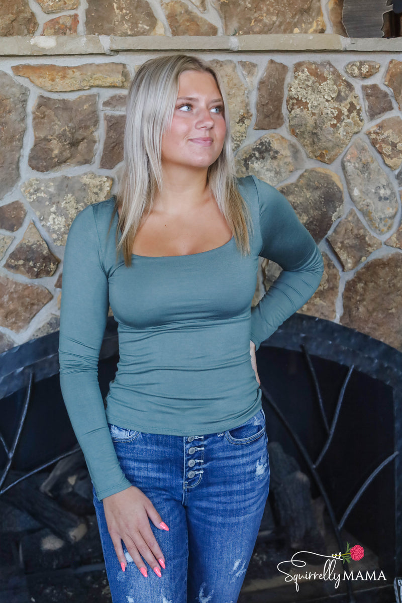 Brit Butter Long Sleeve U Neck Top- Sage