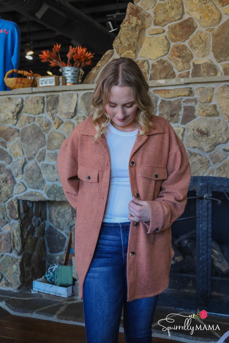 Button Down Brushed Waffle Shacket-Multiple