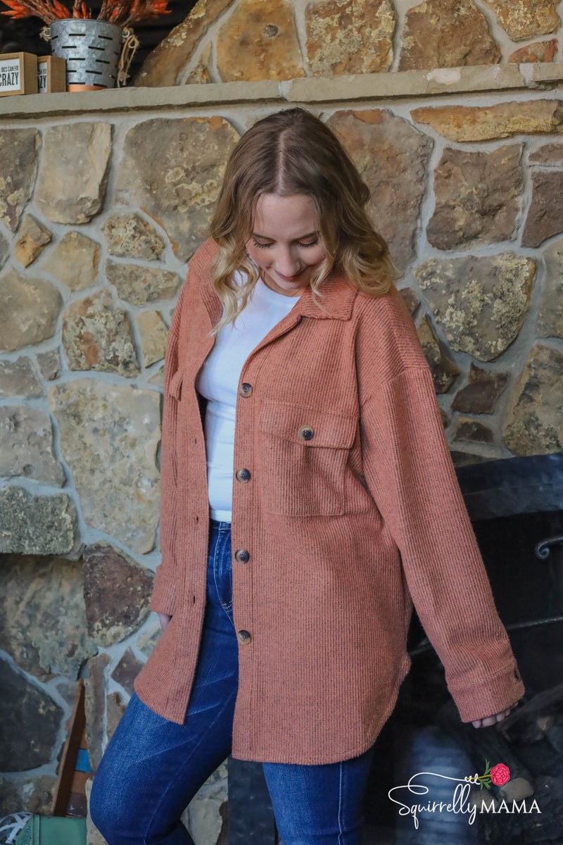 Button Down Brushed Waffle Shacket-Multiple
