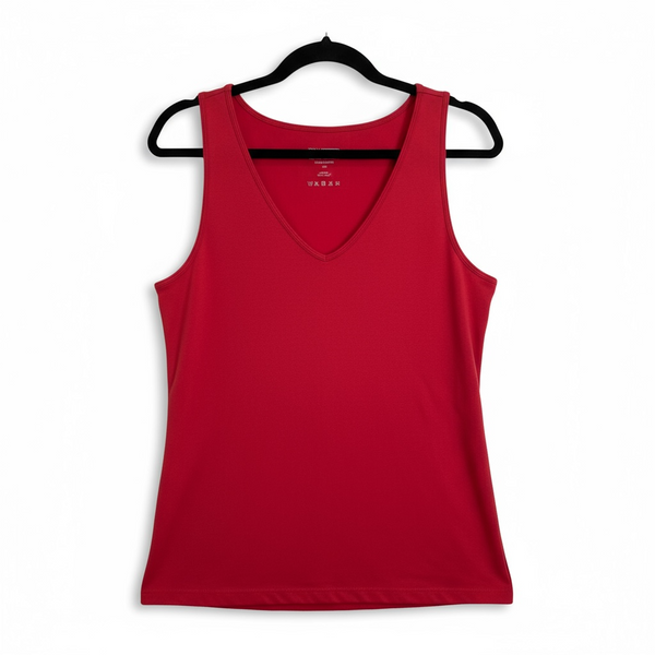 Red tank top on a black hanger against a white background